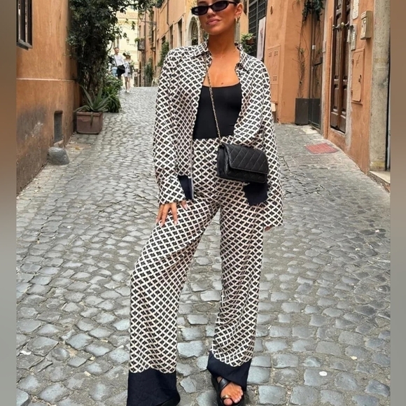 Pants - Chic Satin Blouse Long Sleeve Lapel Shirt+Elastic Waist Casual Trousers 2 set